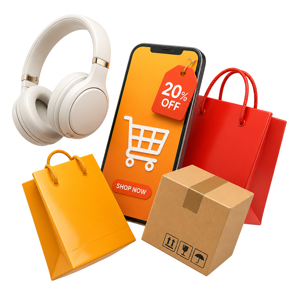 Fones de ouvido, sacolas de compras, celular com carrinho e caixa de encomenda